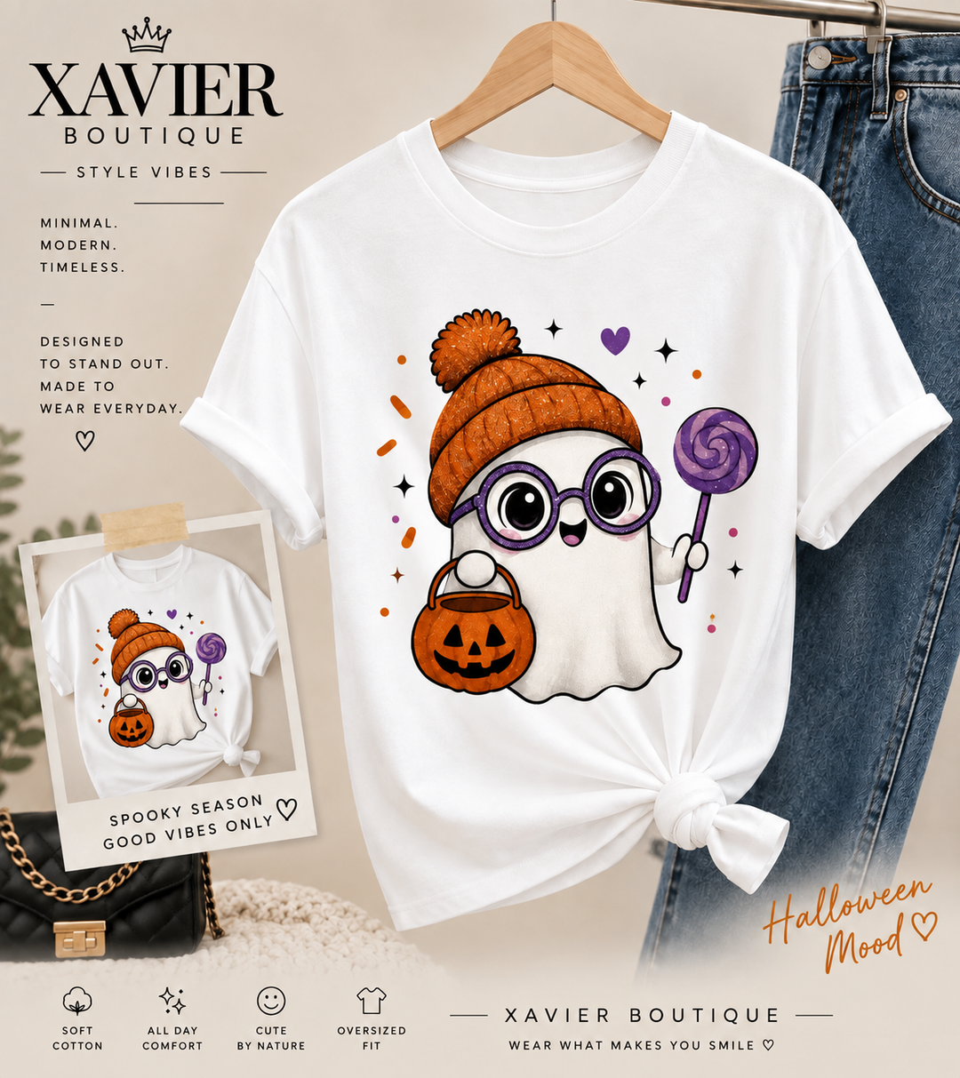 Ghost Halloween T-Shirt: Spooky Season Beanie, Pumpkin Bucket, Lollipop