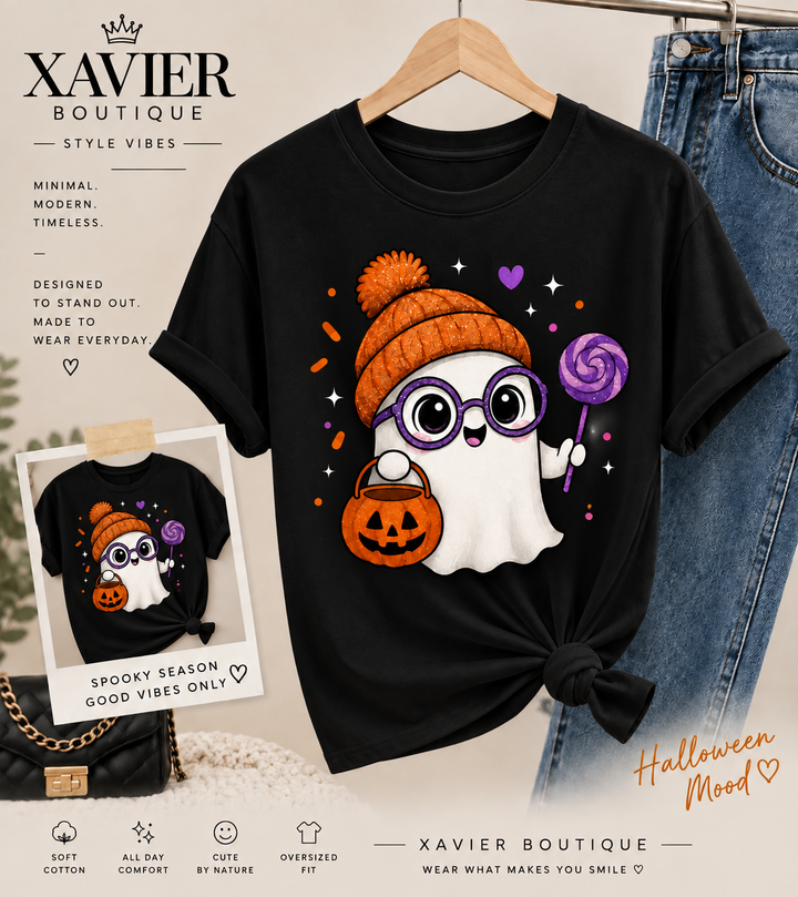 Ghost Halloween T-Shirt: Spooky Season Beanie, Pumpkin Bucket, Lollipop