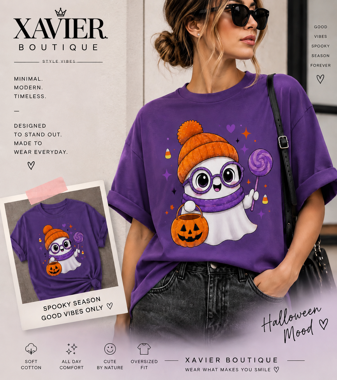 Ghost Halloween T-Shirt: Spooky Season Beanie, Pumpkin Bucket, Lollipop