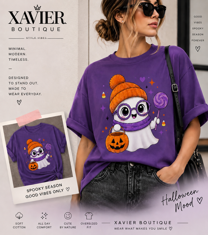 Ghost Halloween T-Shirt: Spooky Season Beanie, Pumpkin Bucket, Lollipop