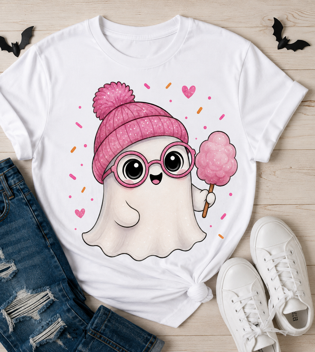 Cozy Pink Ghost Halloween T-Shirt – Cute Spooky Graphic Tee