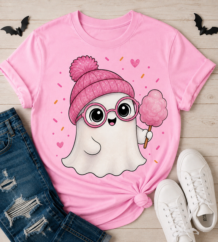 Cozy Pink Ghost Halloween T-Shirt – Cute Spooky Graphic Tee