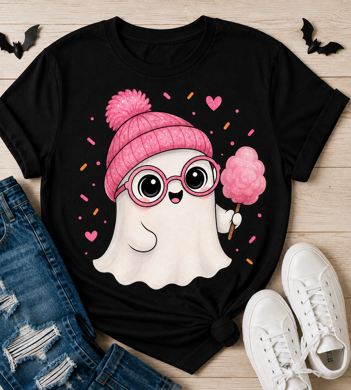 Cozy Pink Ghost Halloween T-Shirt – Cute Spooky Graphic Tee