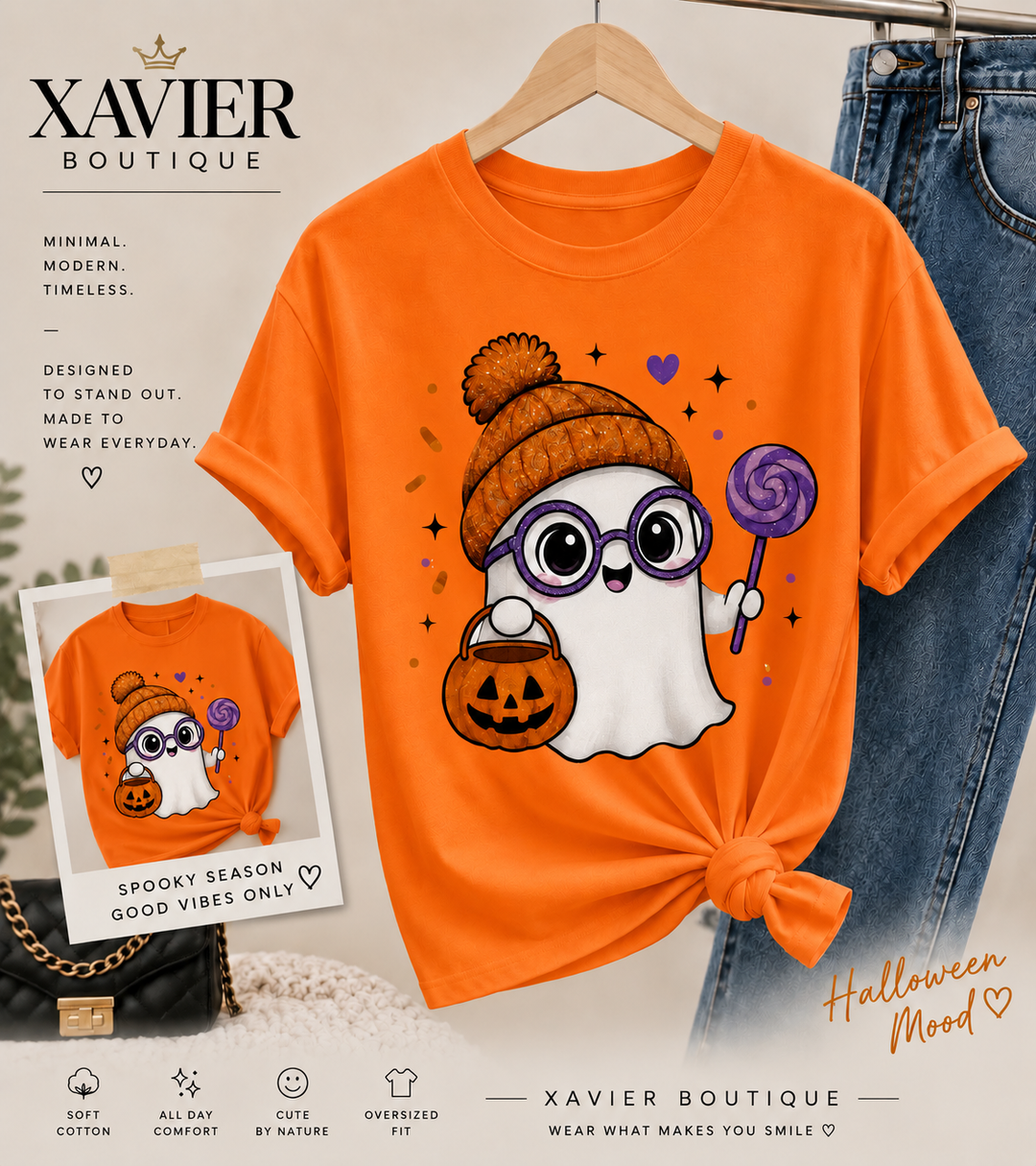 Ghost Halloween T-Shirt: Spooky Season Beanie, Pumpkin Bucket, Lollipop