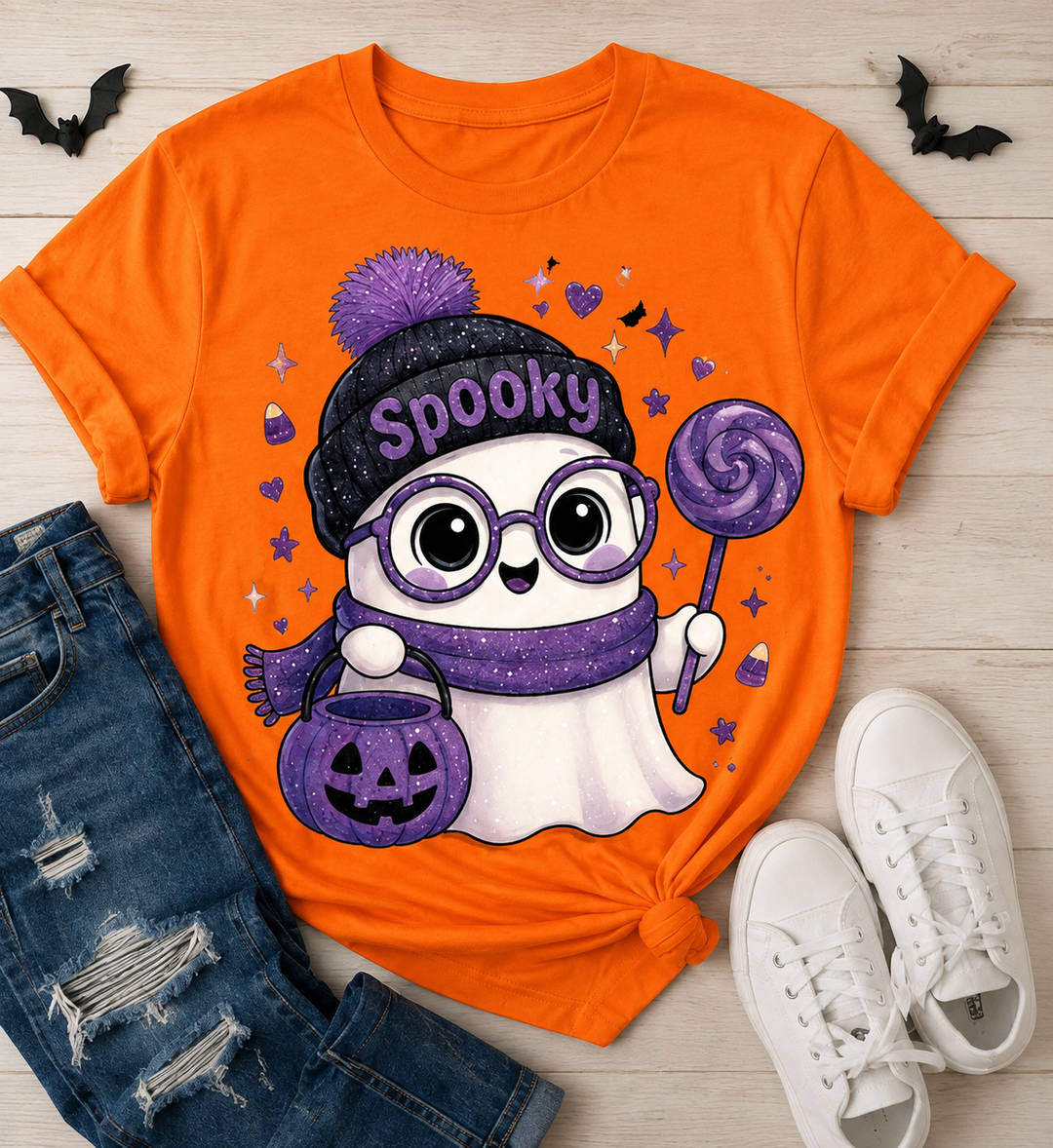 Ghost Halloween T-Shirt: Spooky Season Beanie, Pumpkin Bucket, Lollipop