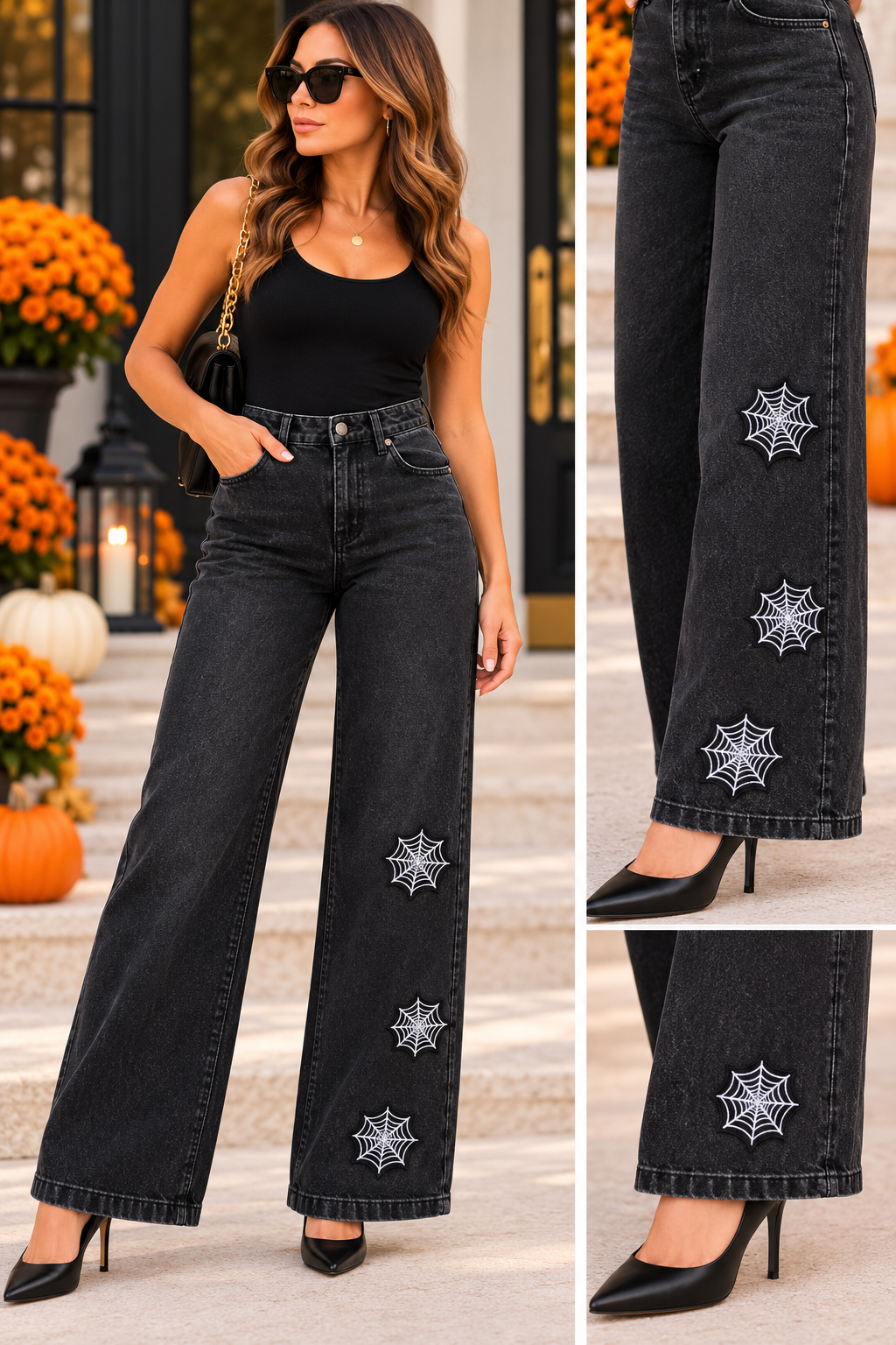 Halloween Spider Web Wide-Leg Jeans – Black Faded Denim