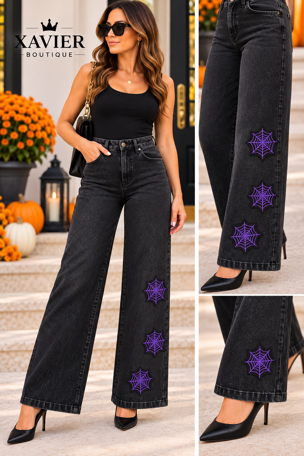 Halloween Spider Web Wide-Leg Jeans – Black Faded Denim