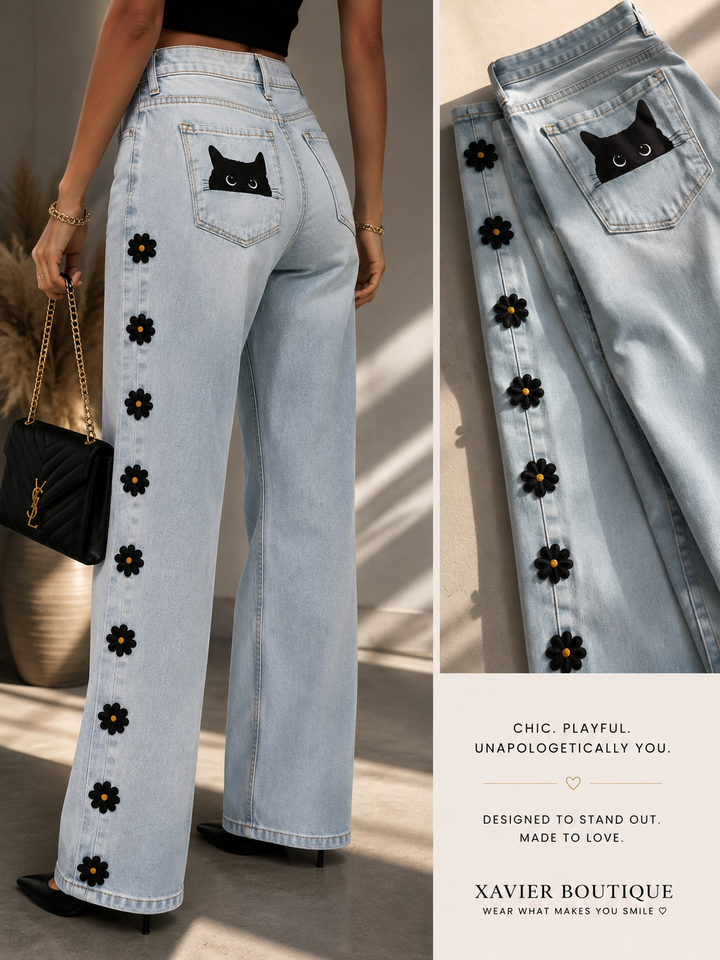 Black Daisy & Peekaboo Cat Wide-Leg Jeans – Embellished Light Wash Denim