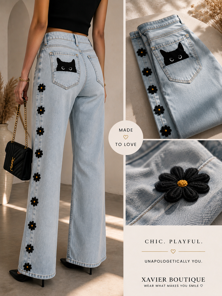 Black Daisy & Peekaboo Cat Wide-Leg Jeans – Embellished Light Wash Denim