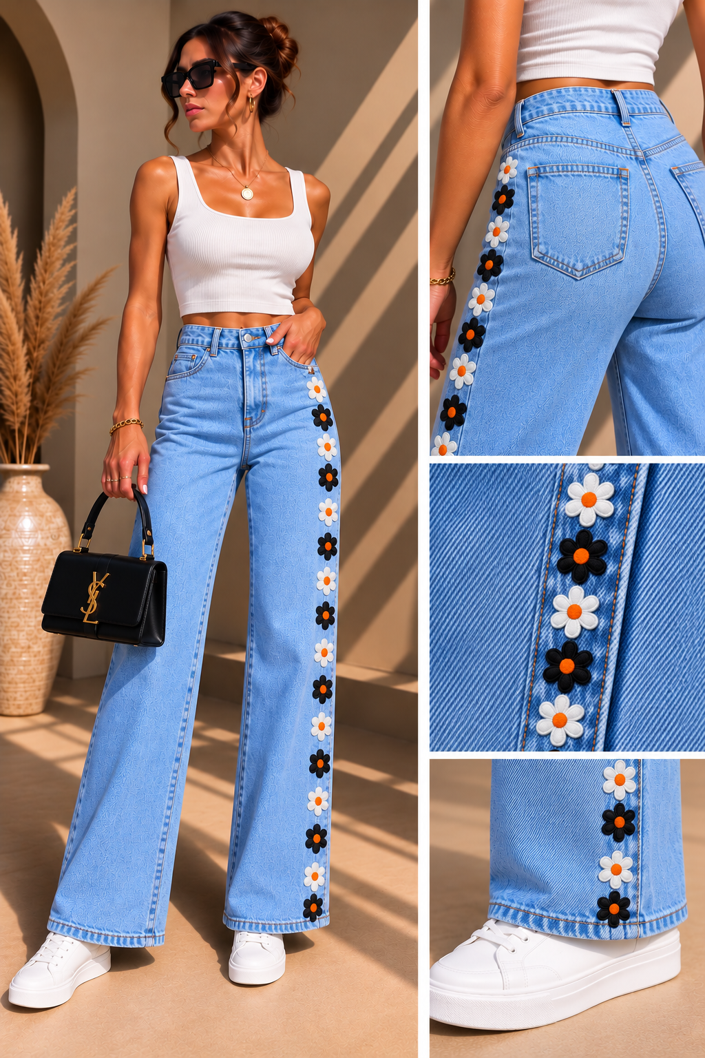 Daisy Bloom Wide-Leg Jeans – Floral Embellished Denim | 3 Color Combinations