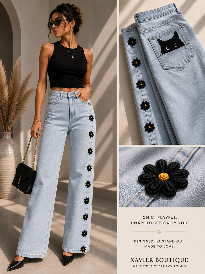 Black Daisy & Peekaboo Cat Wide-Leg Jeans – Embellished Light Wash Denim