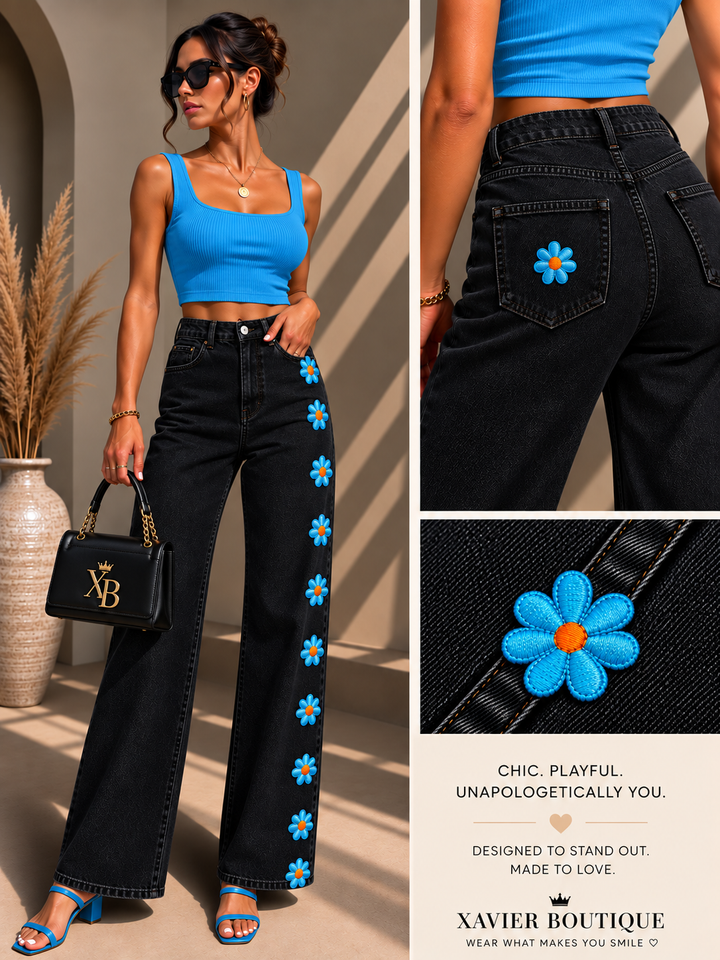 Blue Daisy Wide-Leg Jeans – Floral Detail Denim