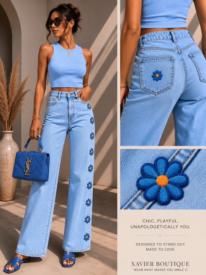 Blue Daisy Wide-Leg Jeans – Floral Detail Denim