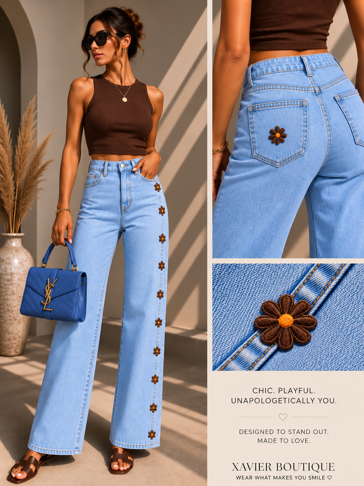 Brown Daisy Wide-Leg Jeans – Floral Detail Denim