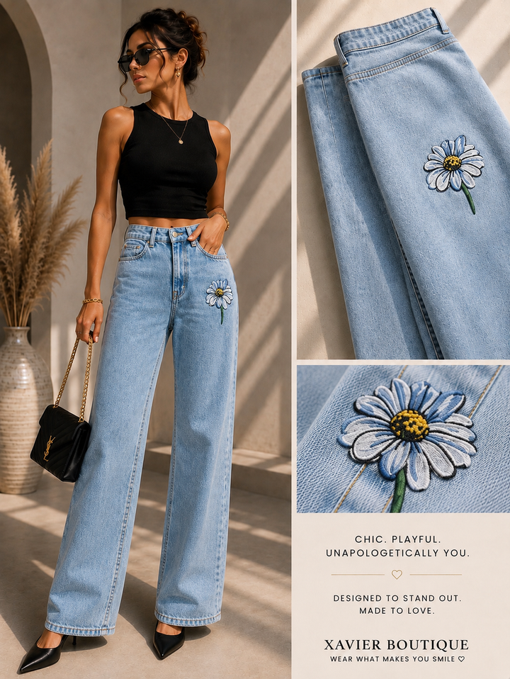 Blue Daisy Wide Leg Jeans | High Waist Botanical Denim Pants