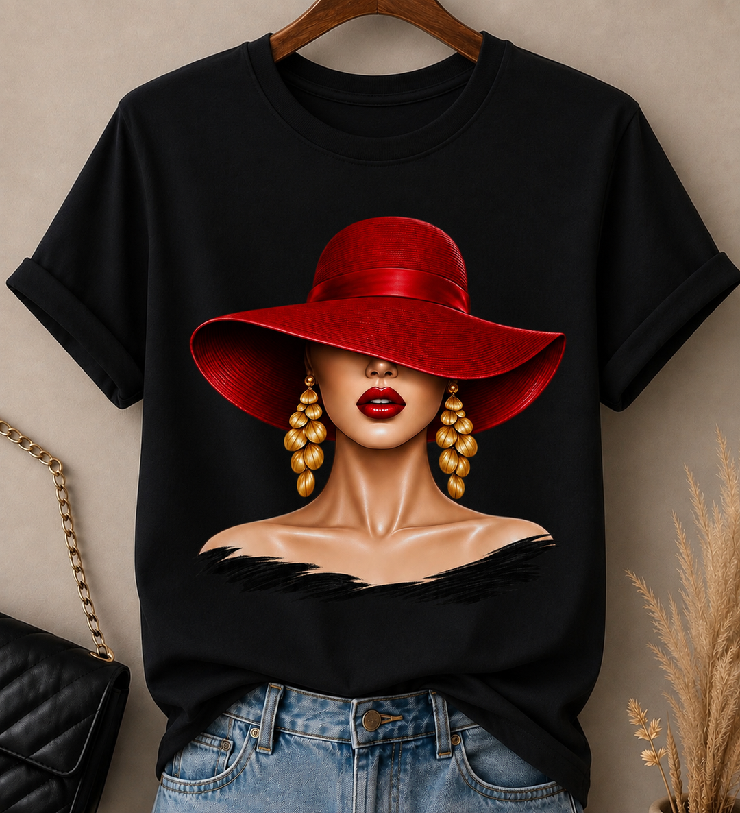 Elegant Woman Graphic Tee, Red & Gold Fashion Illustration, Chic Boutique Style