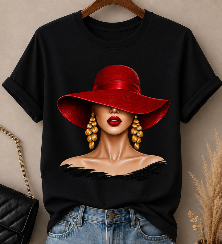 Elegant Woman Graphic Tee, Red & Gold Fashion Illustration, Chic Boutique Style