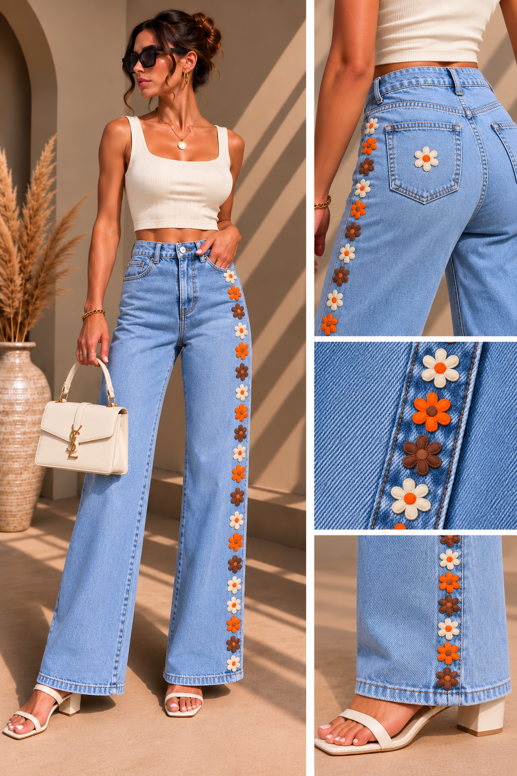 Fall Daisy Wide-Leg Jeans – Autumn Floral Denim | Black & Light Blue | Xavier Boutique
