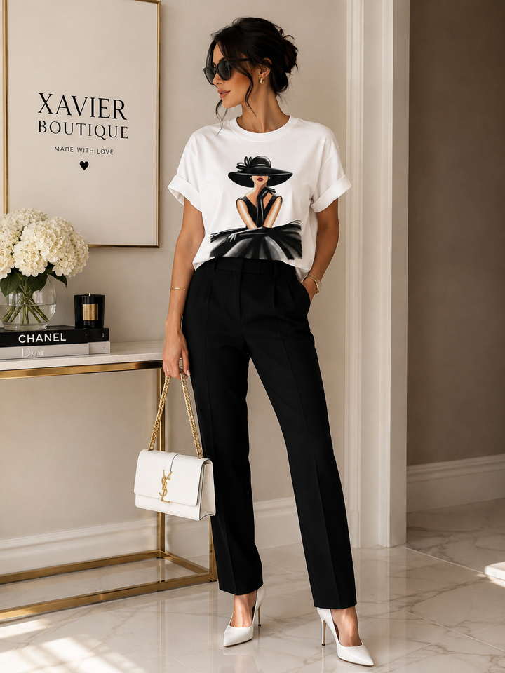 Fashion Lady Graphic T-Shirt | Chic Black Dress Women’s Tee | Boutique Style Statement Top