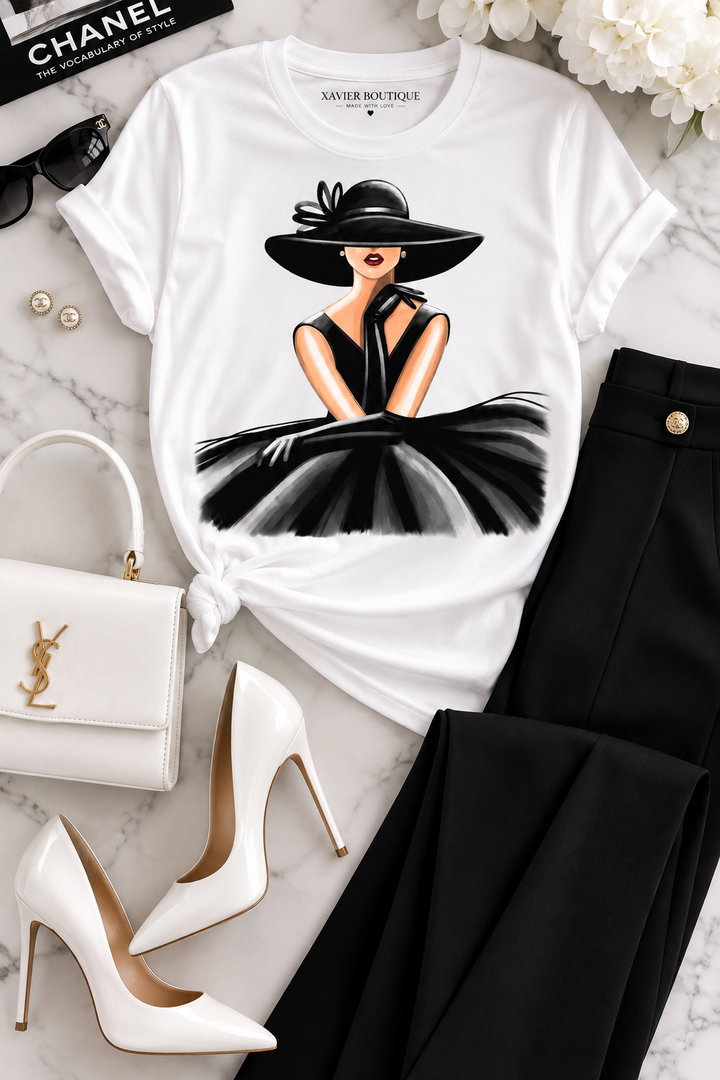 Fashion Lady Graphic T-Shirt | Chic Black Dress Women’s Tee | Boutique Style Statement Top