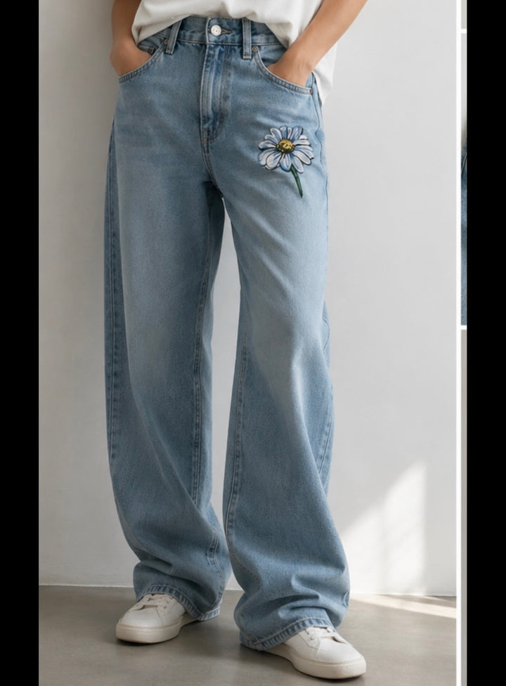 Embroidered Blue Daisy Wide Leg Jeans | High Waist Botanical Denim Pants