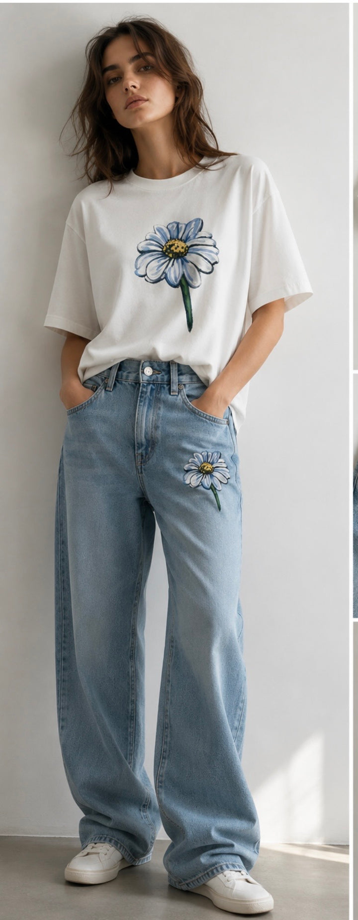 Embroidered Blue Daisy Wide Leg Jeans | High Waist Botanical Denim Pants