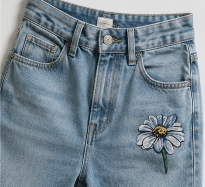Embroidered Blue Daisy Wide Leg Jeans | High Waist Botanical Denim Pants