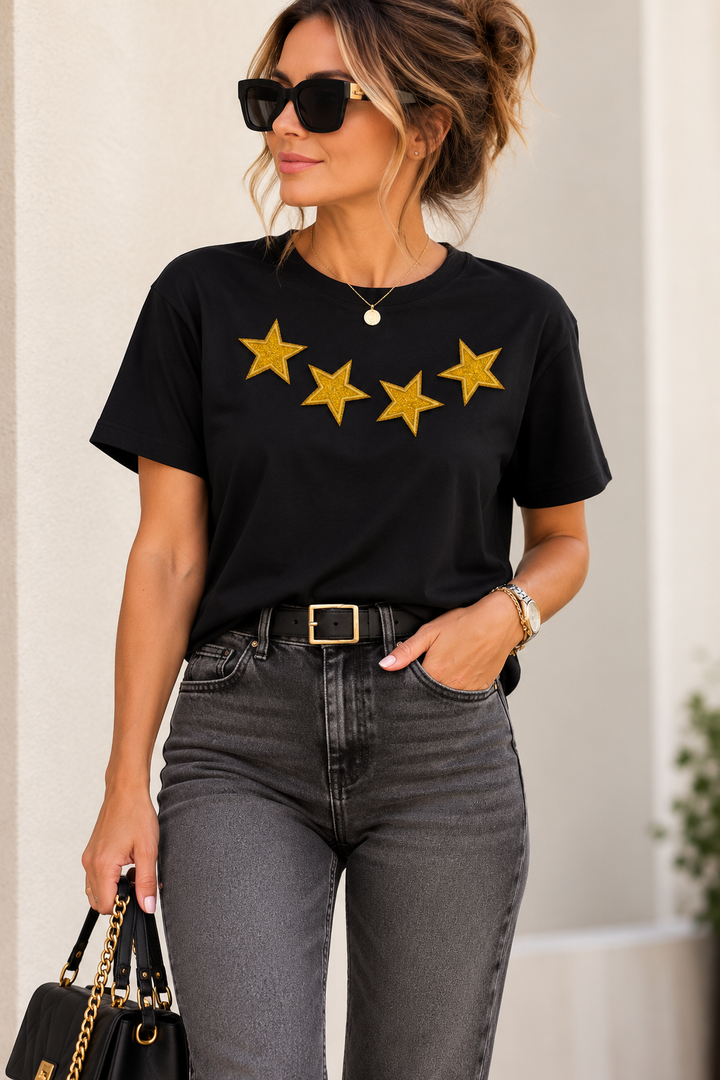 Women’s Glitter Star T-Shirt – Black Tee with Sparkling Stars | Xavier Boutique