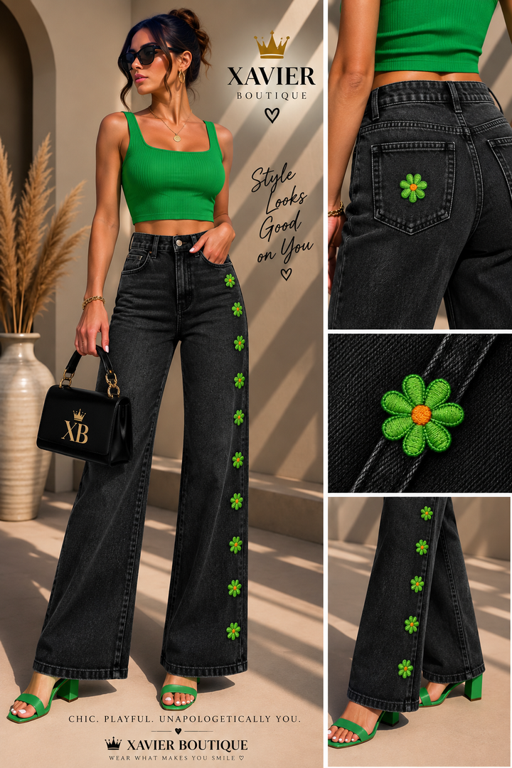 Black Faded Wash Wide Leg Jeans with Daisy Detail – High Waist