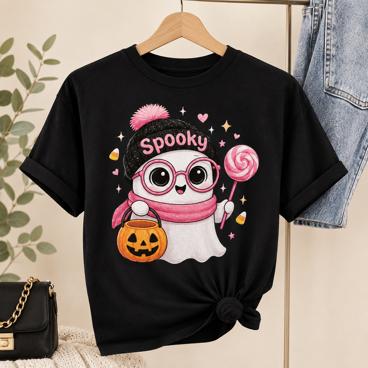 Pink Ghost Halloween T-Shirt: Spooky Season Beanie, Pumpkin Bucket, Lollipop