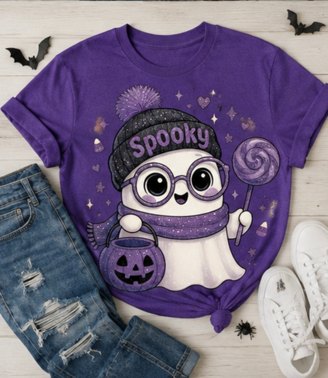 Ghost Halloween T-Shirt: Spooky Season Beanie, Pumpkin Bucket, Lollipop