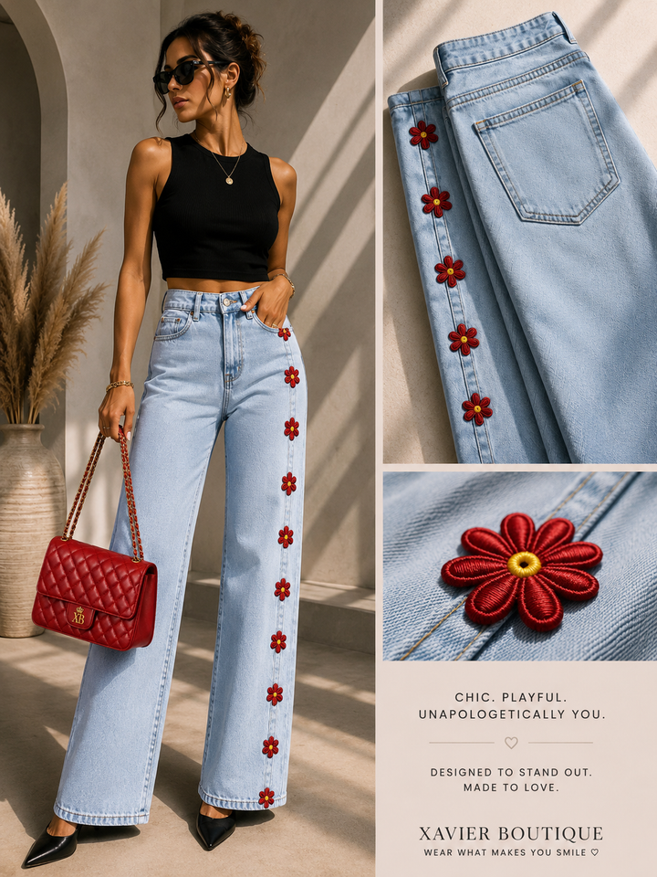 Red Daisy Embellished Wide-Leg Jeans – Light Wash