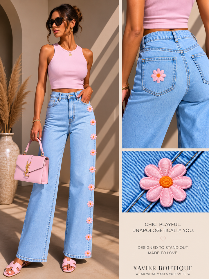 Light Pink Daisy Wide-Leg Jeans – Floral Detail Denim