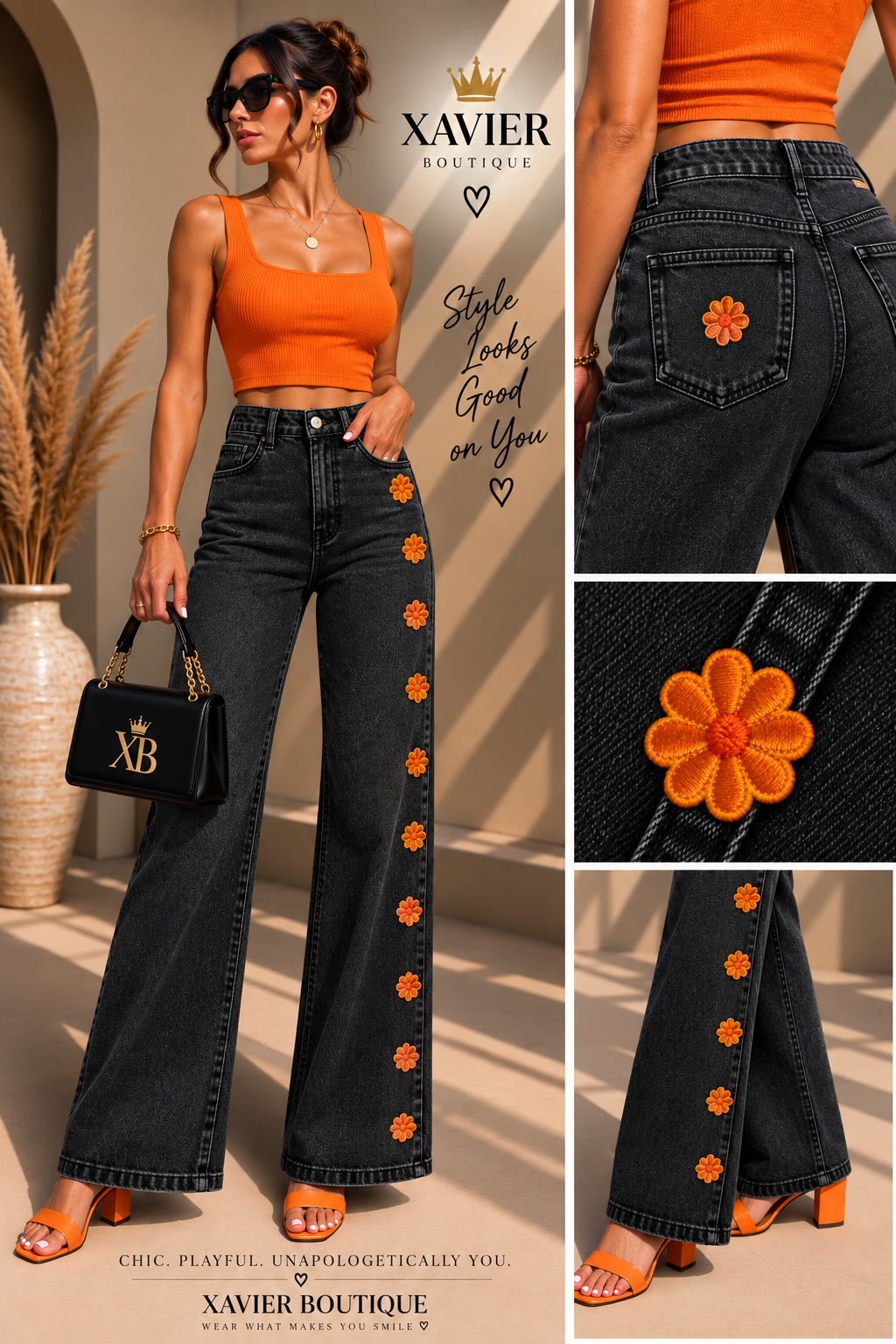 Black Faded Wash Wide Leg Jeans with Daisy Detail – High Waist
