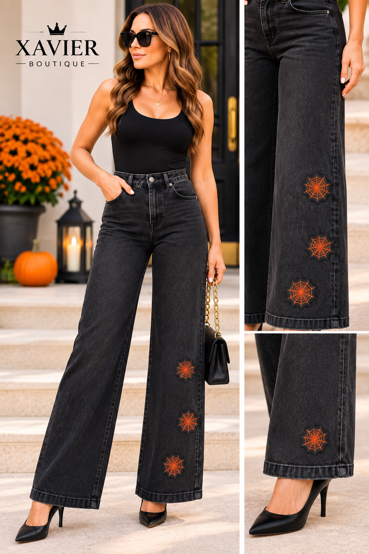 Halloween Spider Web Wide-Leg Jeans – Black Faded Denim