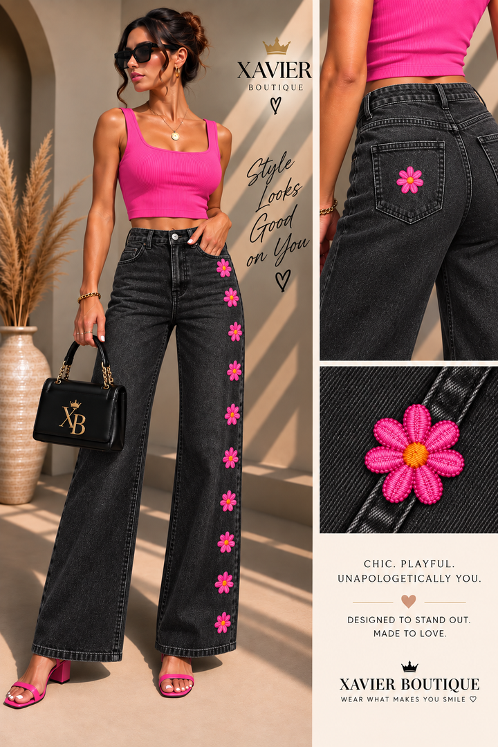 Black Faded Wash Wide Leg Jeans with Daisy Detail – High Waist