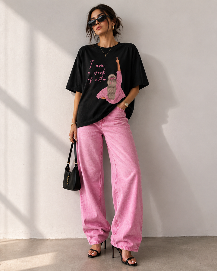 BLACK T-SHIRT.MINIMALIST.PINK DESIGN