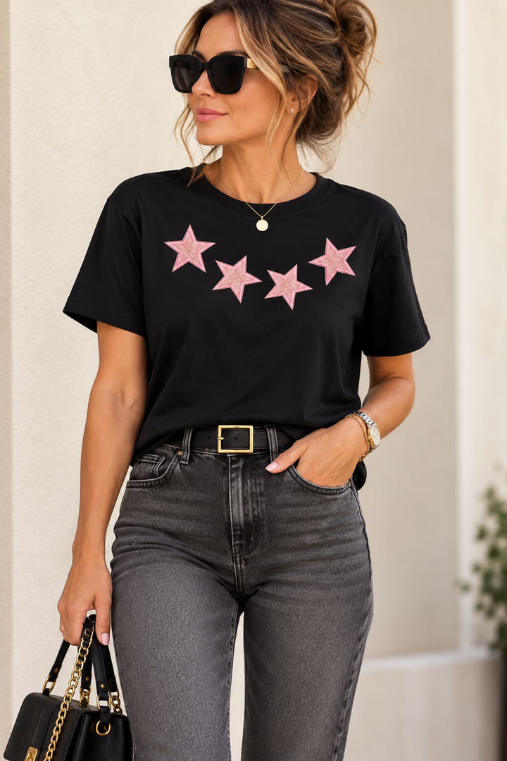 Women’s Glitter Star T-Shirt – Black Tee with Sparkling Stars | Xavier Boutique