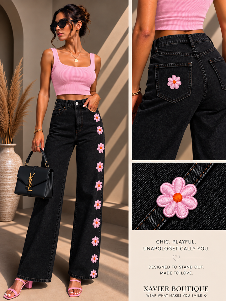 Black Wide-Leg Jeans with Pink Daisies – Floral Denim | Xavier Boutique