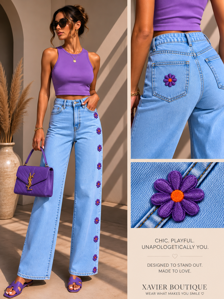 Purple Daisy Wide-Leg Jeans – Floral Detail Denim