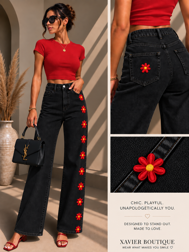 Black Wide-Leg Jeans with Red Daisy Detail – Women’s Statement Denim