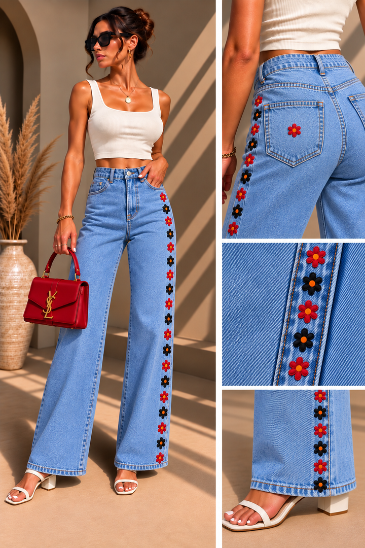 Daisy Bloom Wide-Leg Jeans – Floral Embellished Denim | 3 Color Combinations
