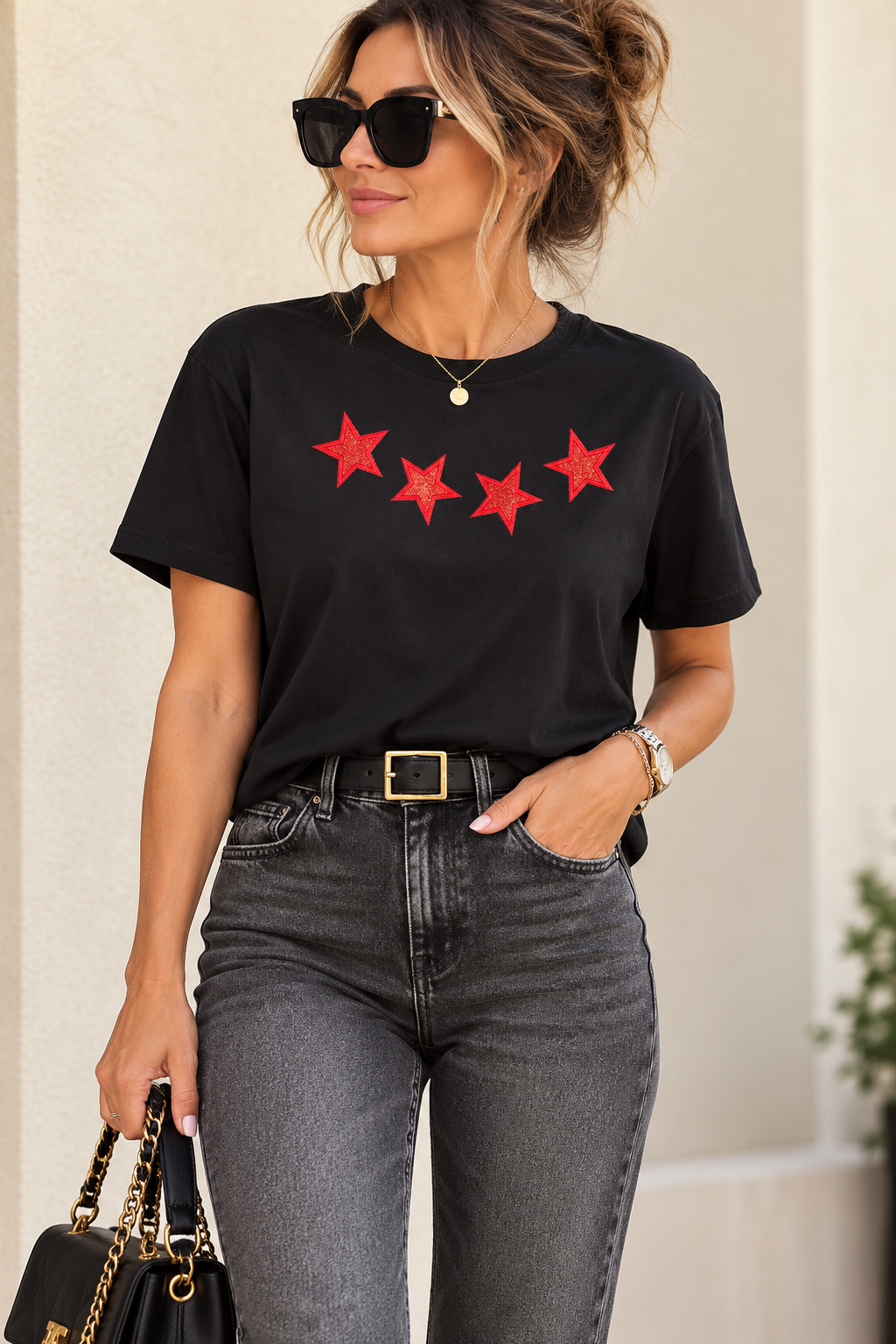 Women’s Glitter Star T-Shirt – Black Tee with Sparkling Stars | Xavier Boutique