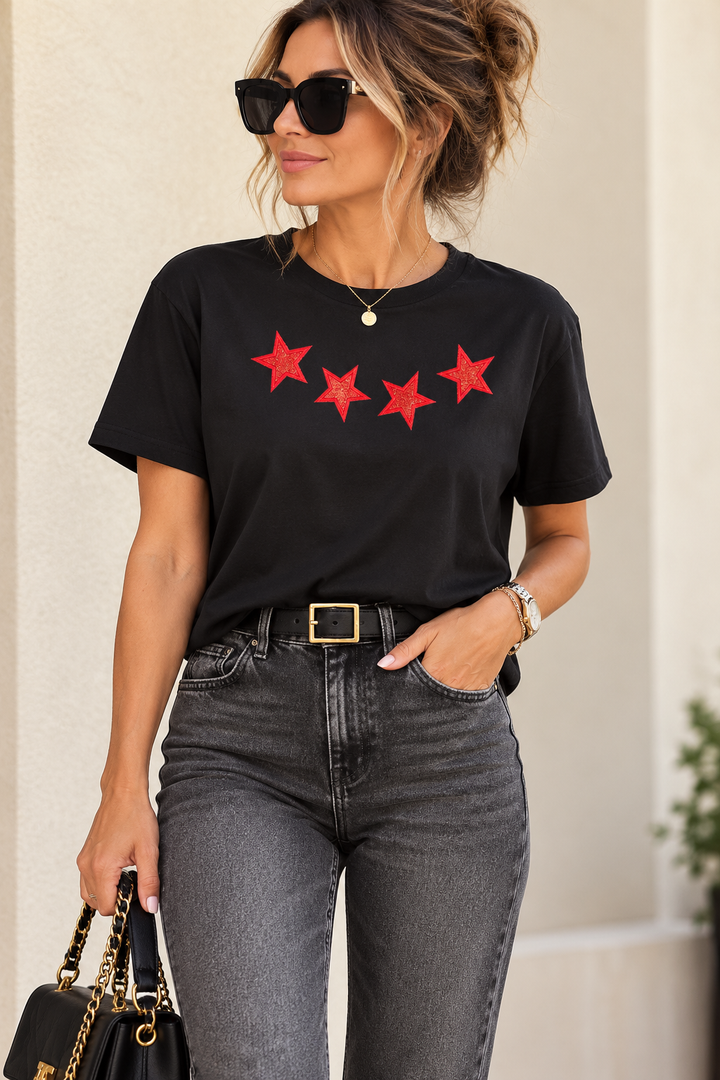 Women’s Glitter Star T-Shirt – Black Tee with Sparkling Stars | Xavier Boutique