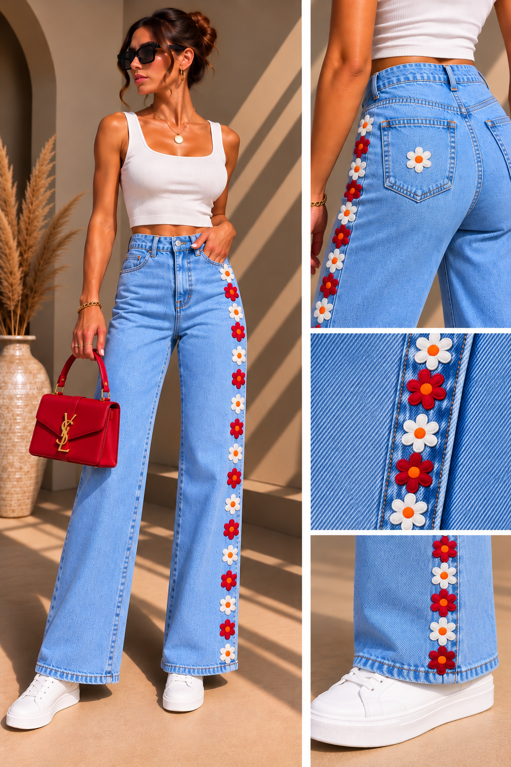 Daisy Bloom Wide-Leg Jeans – Floral Embellished Denim | 3 Color Combinations