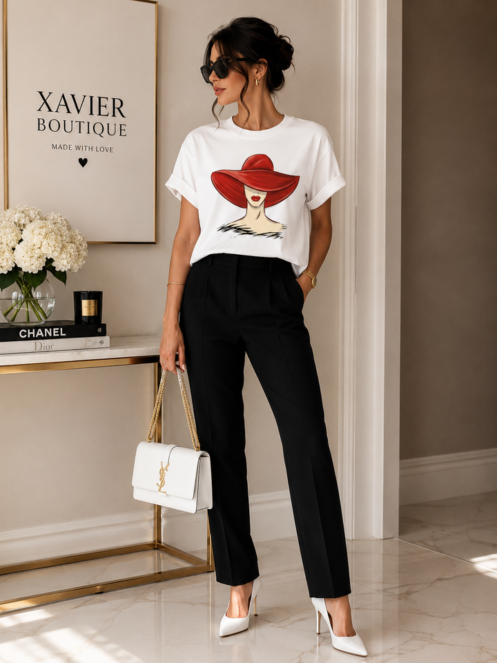 Red Hat Fashion Graphic Tee for Women, Chic White T-Shirt, Elegant Boutique Shirt, Stylish Woman Top, Fashion Lover Gift