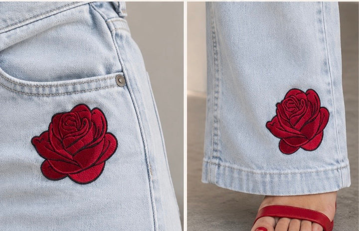 Red Rose Embellished Light Wash Jeans – Women’s Statement Denim
