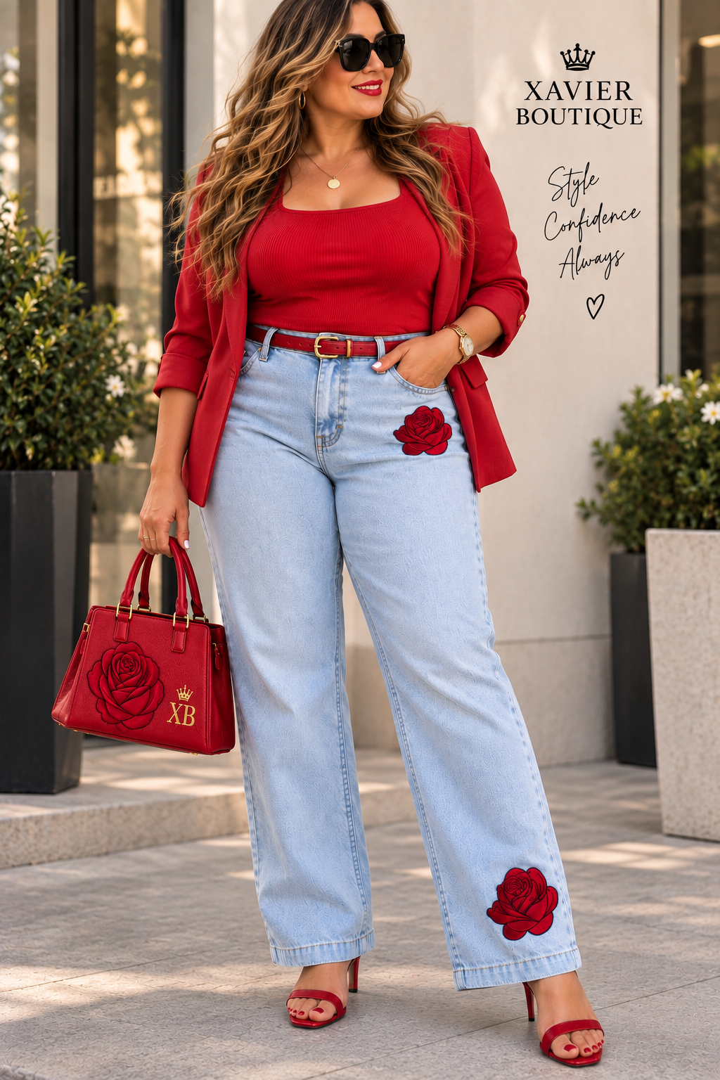 Red Rose Embellished Light Wash Jeans – Women’s Statement Denim