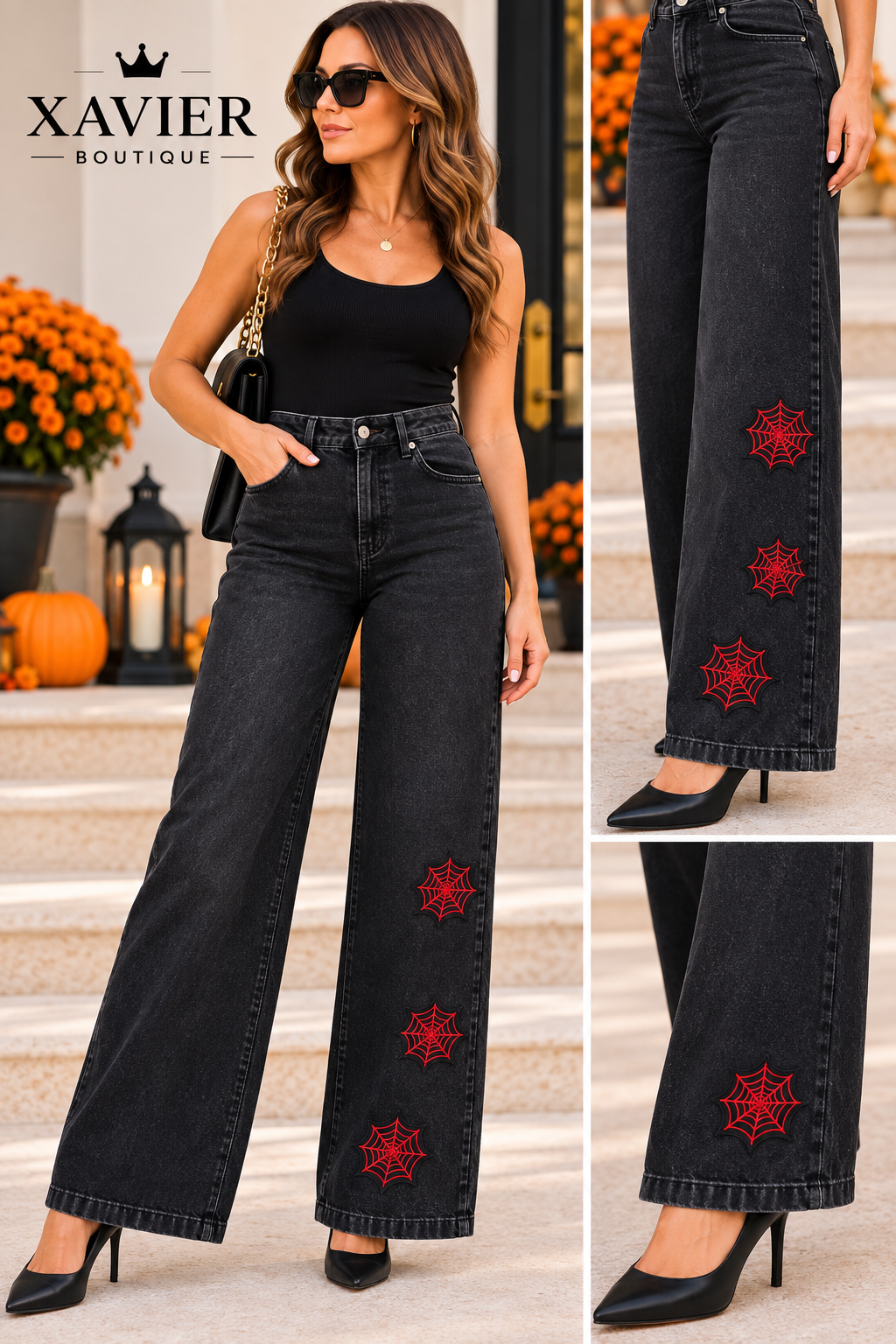 Halloween Spider Web Wide-Leg Jeans – Black Faded Denim