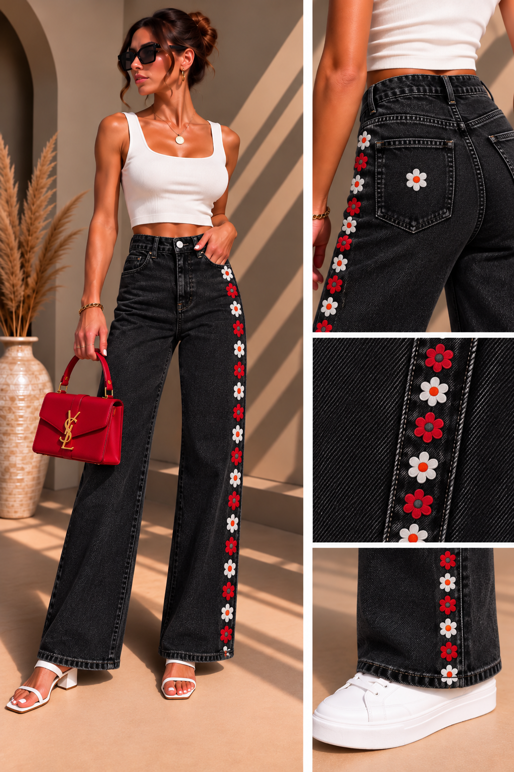 Faded Black Jeans with Red & White Daisies – Floral Wide-Leg Denim | Xavier Boutique